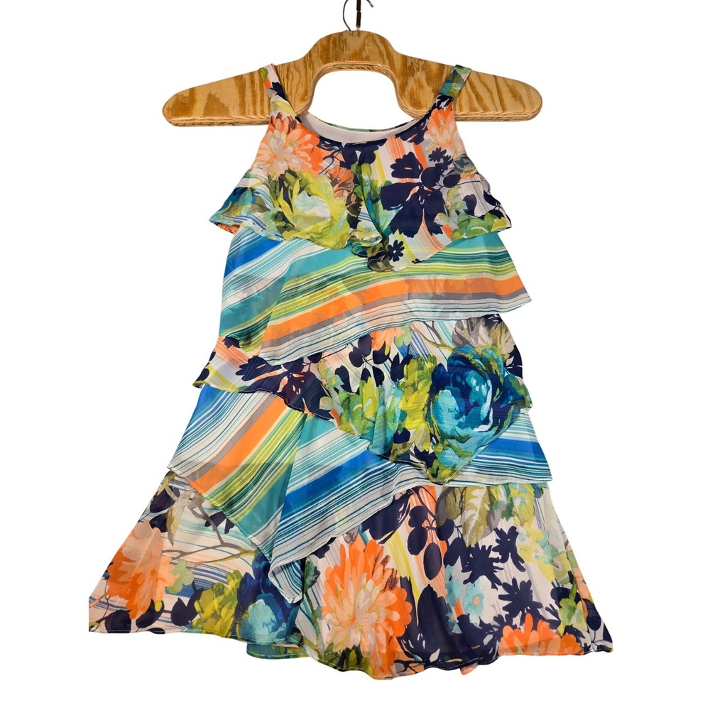 Robbie Bee Womens Petite 4P Floral Striped Tiered Ruffle Sleeveless Dress Multi
